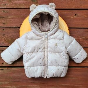 GAP Baby 100% Recycled Cozy Sherpa-Lined Puffer Jacket Stone/Gold Dot 6-12Mos
